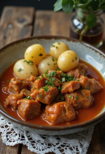 Pörkölt de mouton servi avec pain frais et cornichons