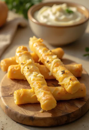 Bâtonnets au fromage croustillants dorés au four, richement saupoudrés de fromage râpé