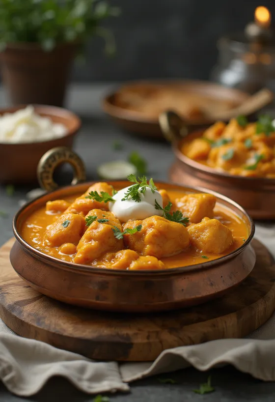 Chicken Makhani, poulet sauce au beurre indien décoré de coriandre fraîche