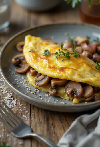 Omelette aux champignons et jambon fumé, servie avec du persil frais