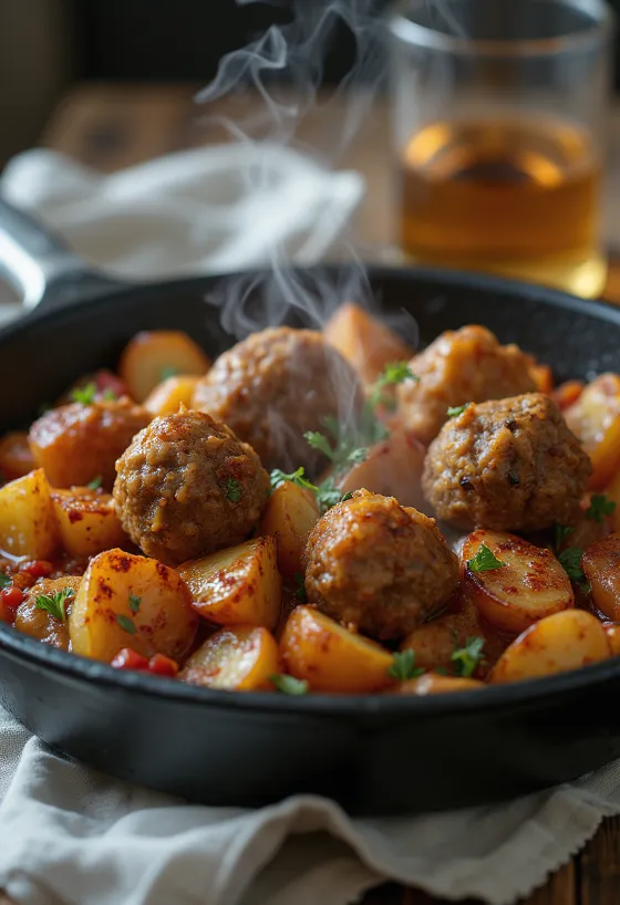 Kofta aux pommes de terre épicées, boulettes de bœuf grillées décorées de persil