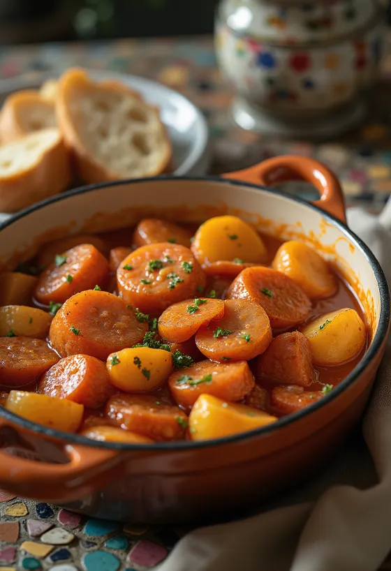 Paprikás krumpli avec morceaux de pommes de terre juteux, saucisse fumée et persil frais