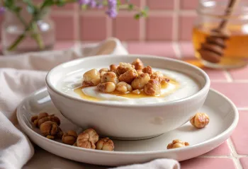 Yaourt probiotique aux noisettes, servi avec des noisettes torréfiées et du miel