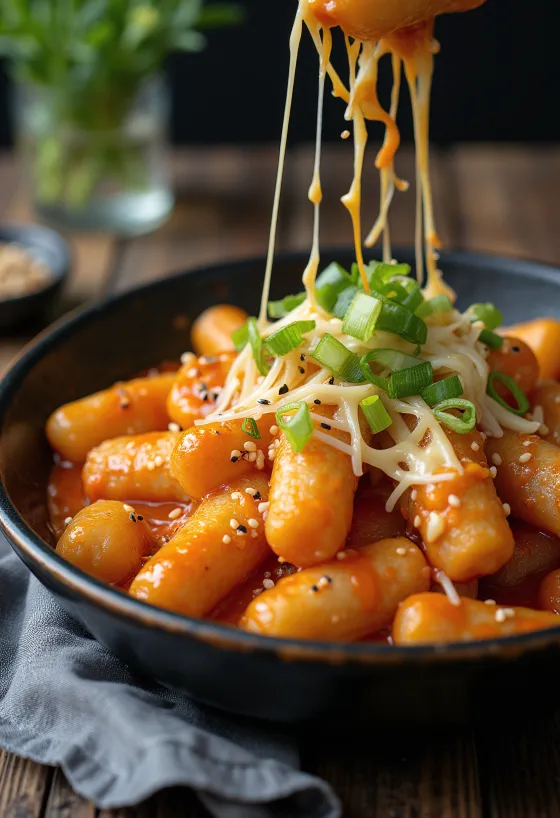 Tteokbokki au fromage, gâteaux de riz coréens en sauce fromagère