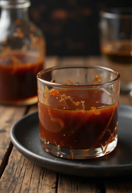 Sauce barbecue au bourbon whisky dans un bol, avec épices fraîches et viandes grillées en arrière-plan.