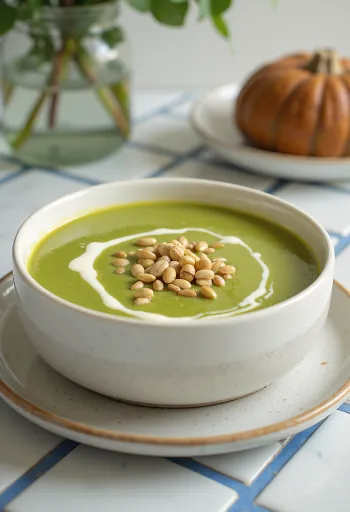 Velouté de courgettes aux graines torréfiées servi