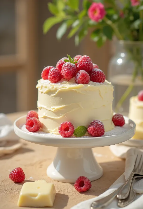 Gâteau au chocolat blanc et framboises