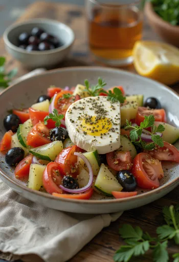Salade grecque fraîche avec feta, olives et tomates juteuses