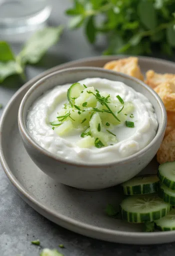 Sauce yaourt concombre servie avec légumes frais