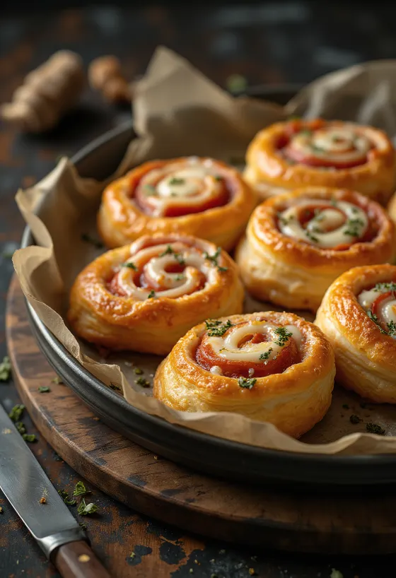 Escargots pizza fraîchement cuits garnis de fromage fondu et de sauce tomate, servis sur une assiette.