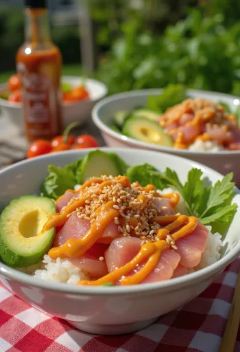 Poké bowl au thon frais, avocat, graines de sésame et sauce sriracha