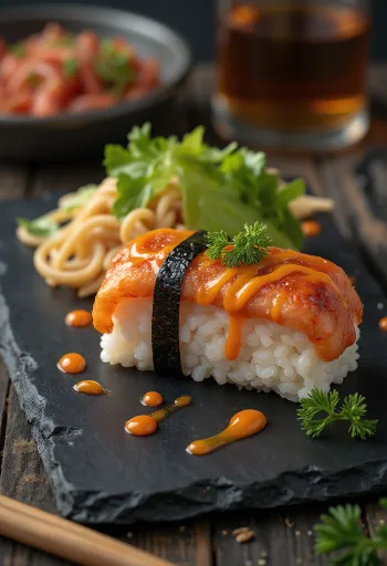 Spam Musubi à la mayonnaise Sriracha, plat hawaïen fait de riz et d'algue nori.