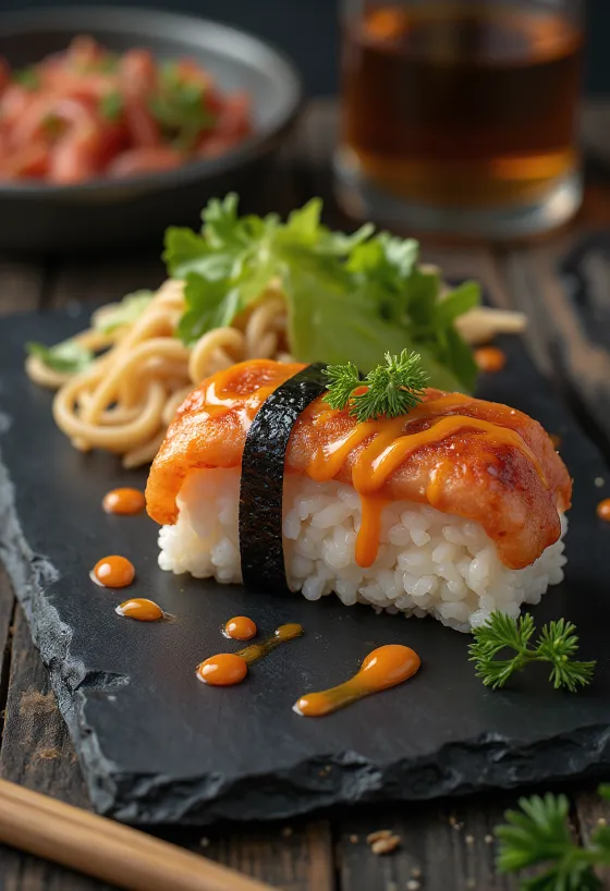 Spam Musubi à la mayonnaise Sriracha, plat hawaïen fait de riz et d'algue nori.