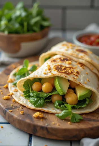Wrap aux épinards et pois chiches, servi avec avocat et légumes frais