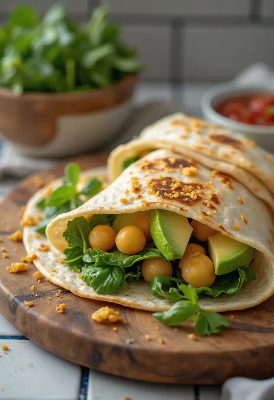 Wrap aux épinards et pois chiches, servi avec avocat et légumes frais