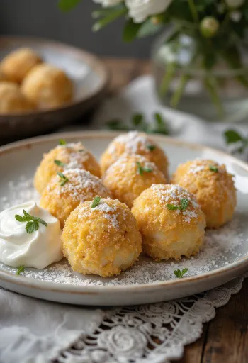 Boulettes au fromage blanc tendres avec crème fraîche sucrée et chapelure grillée.