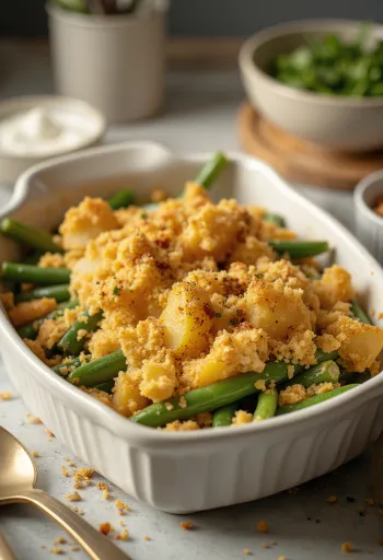 Gratin de haricots verts vegan aux pommes de terre servi