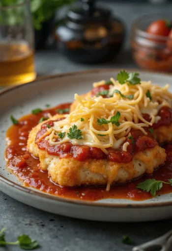 Chicken parmigiana servi avec pâtes et basilic frais