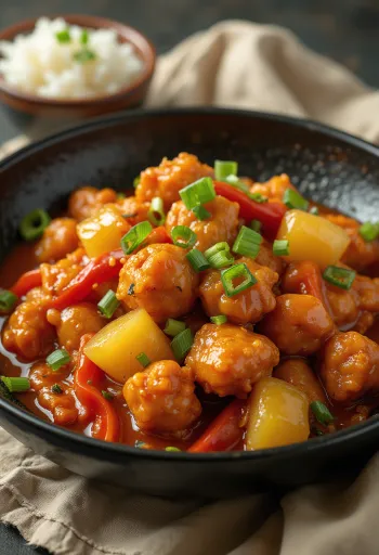 Viande aigre-douce chinoise servie avec riz jasmin