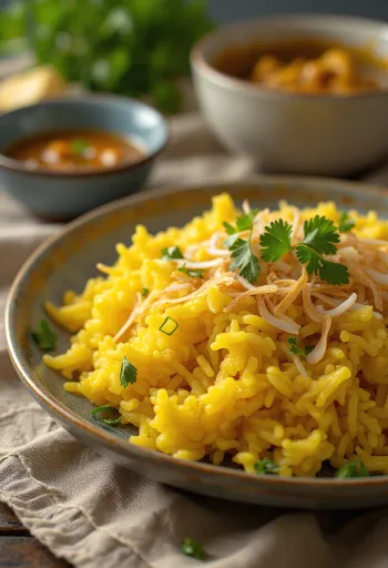 Riz jaune au lait de coco servi