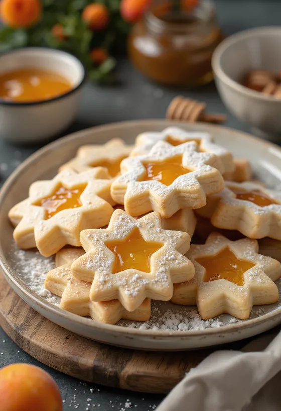 Sablés Linzer au miel saupoudrés de sucre glace, fourrés à la confiture