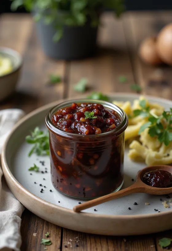 Chutney d'oignon, décoré de coriandre fraîche, sauce à l'oignon épicée