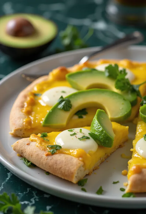 Pizza Peruana servie avec avocat et coriandre