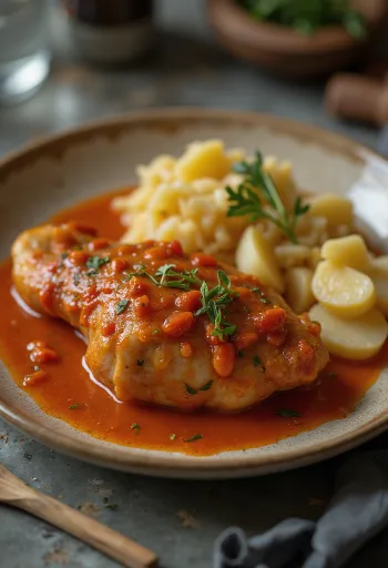 Pörkölt de cuisse d'oie servi