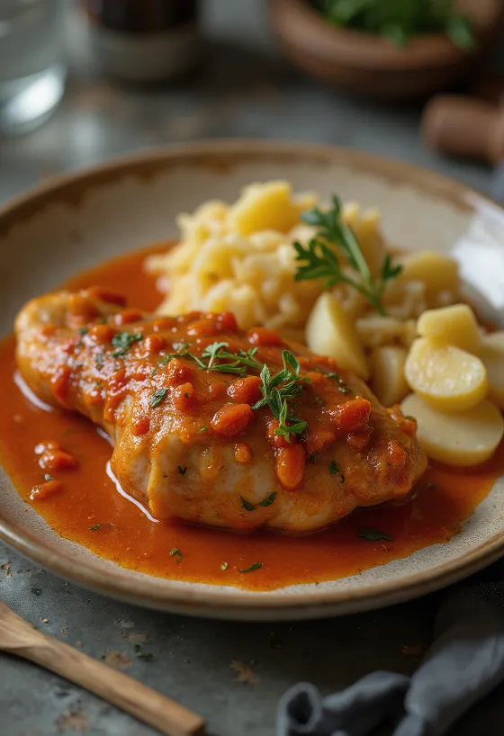 Pörkölt de cuisse d'oie servi