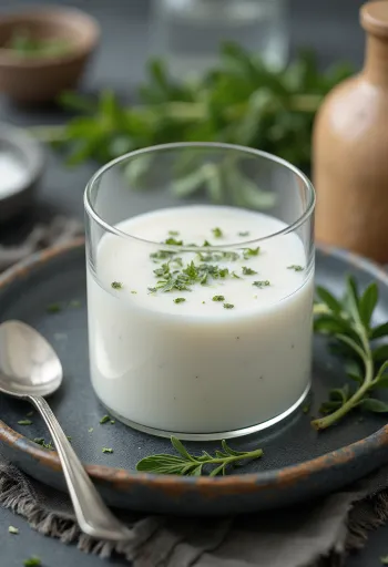 Kéfir probiotique à l'estragon servi dans un verre avec des brins d'estragon frais