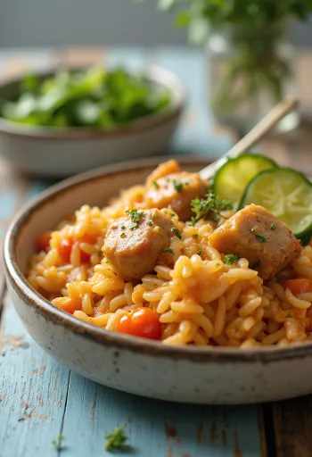 Porc au riz avec viande de porc juteuse et légumes richement préparés.