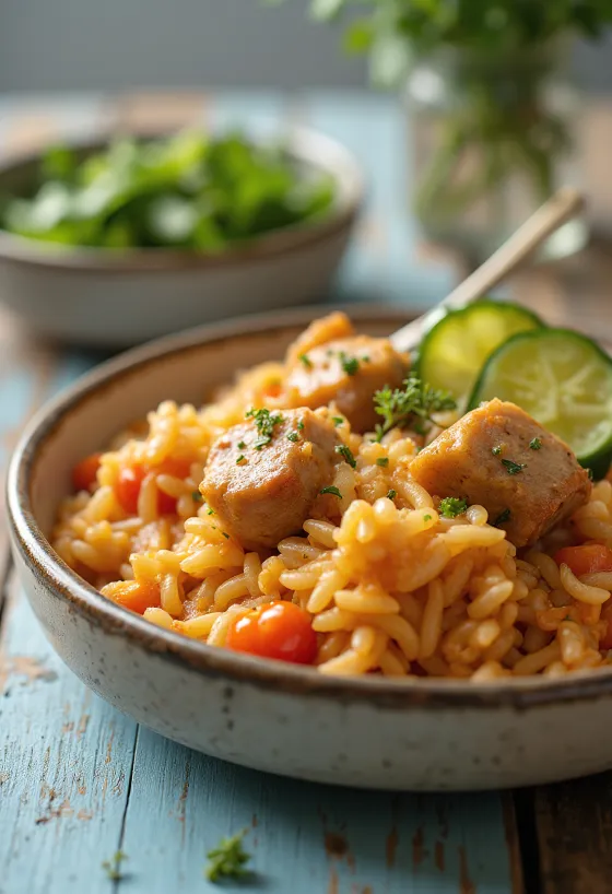 Porc au riz avec viande de porc juteuse et légumes richement préparés.