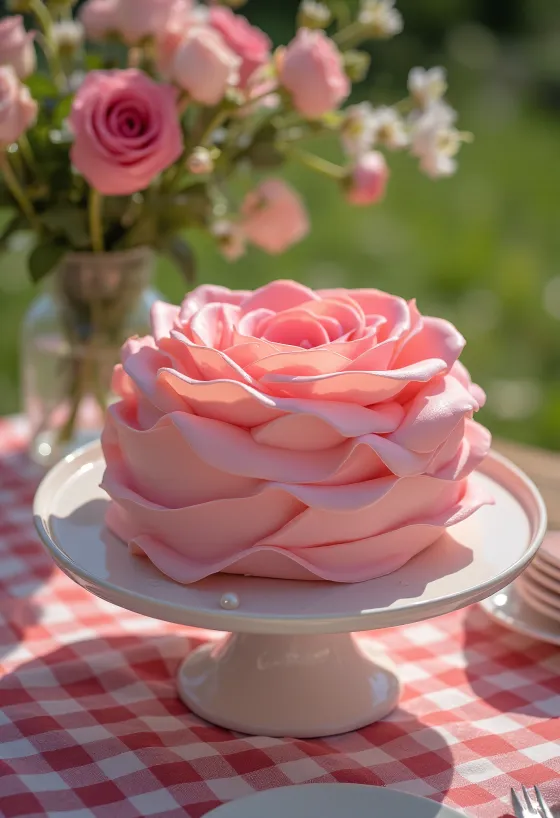 Gâteau en forme de rose avec décoration en pâte à sucre rose et verte