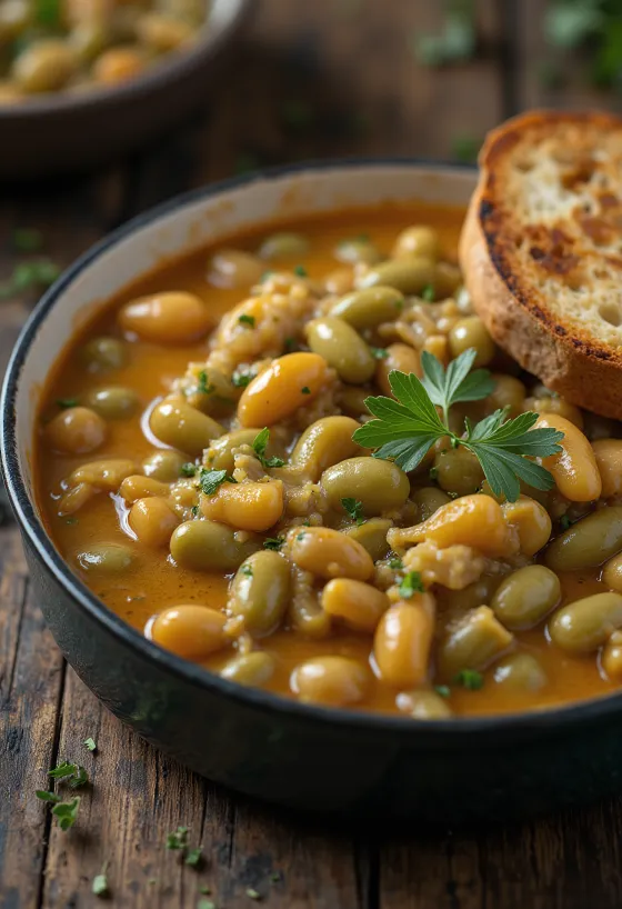Főzelék de haricots verts en sauce épaisse à la crème, parsemé d'aneth frais