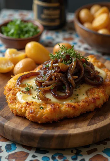 Cachopo aux oignons caramélisés, viande panée dorée avec garniture au fromage