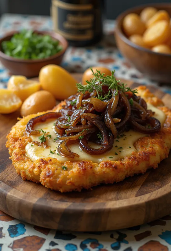 Cachopo aux oignons caramélisés, viande panée dorée avec garniture au fromage