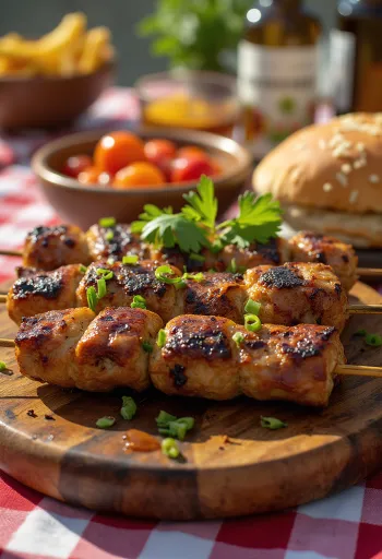 Brochettes de viande de chameau servies avec salade fraîche et pain pita.