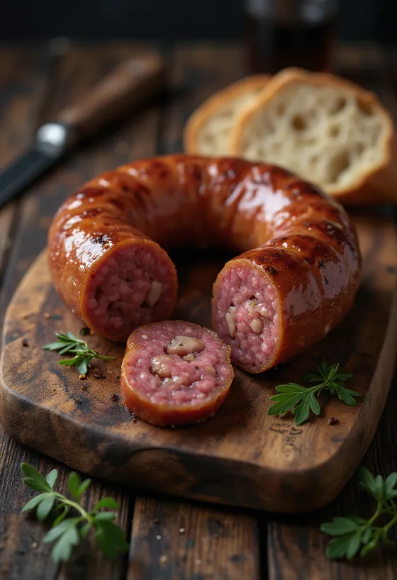 Saucisse fumée coupée en tranches, servie avec du pain frais et du paprika.