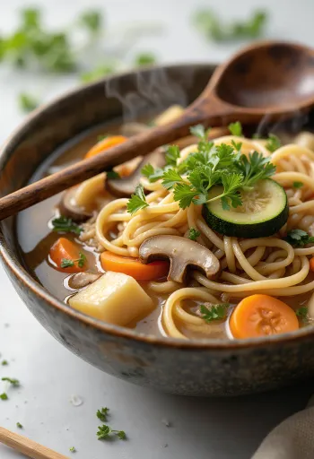 Hōtō aux champignons shiitake, servi avec coriandre fraîche et légumes.