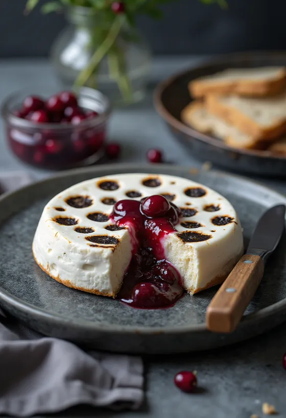 Leipäjuusto, fromage finlandais cuit doré de forme ronde, sur assiette en bois