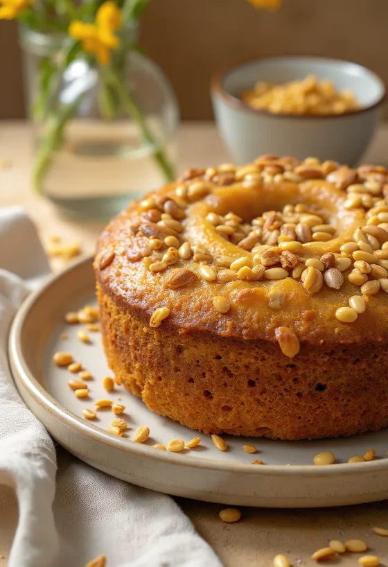 Gâteau aux graines de tournesol servi