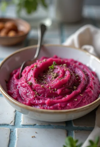 Purée betterave-patate douce dans un bol clair, texture lisse et crémeuse, arrosée d'huile d'olive