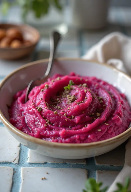 Purée betterave-patate douce dans un bol clair, texture lisse et crémeuse, arrosée d'huile d'olive