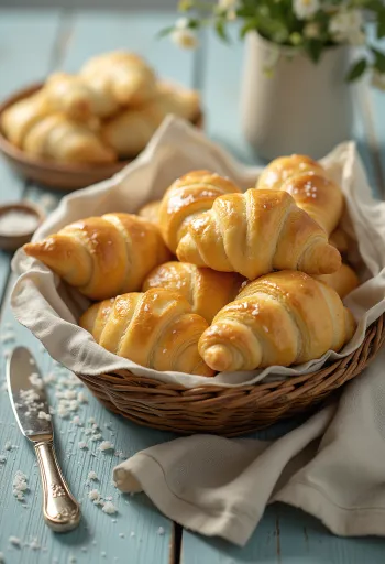 Croissants salés fraîchement cuits, dorés, dans un panier, saupoudrés de sel de mer.