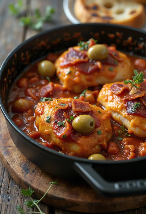 Cacciatore au lard, servi avec des cuisses de poulet et des tomates