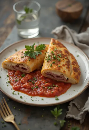 Calzone à la sauce tomate, croûte dorée, garnie de mozzarella et de sauce tomate