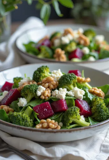 Salade de betterave et brocoli avec vinaigrette aux noix