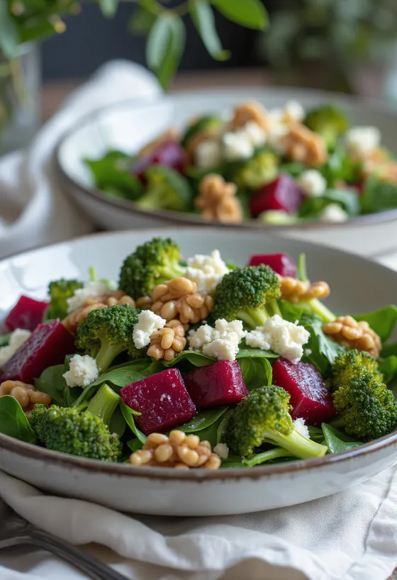 Salade de betterave et brocoli avec vinaigrette aux noix