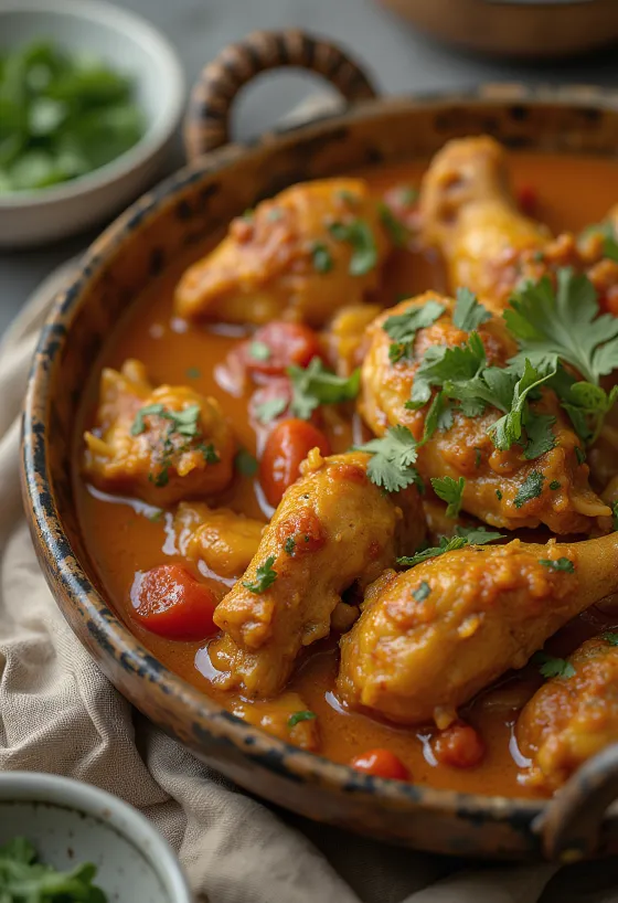 Curry de poulet Balti servi avec pain naan et riz basmati.