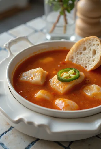Soupe de poisson de carpe fraîche, servie avec un jus au paprika rouge et du piment fort